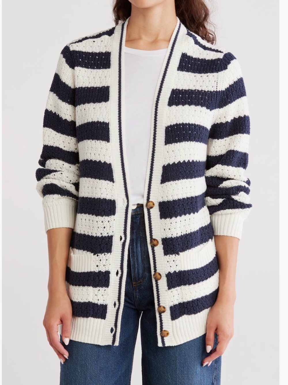 Caslon Navy and Cream Striped Open Stitch Button-Up Cardigan